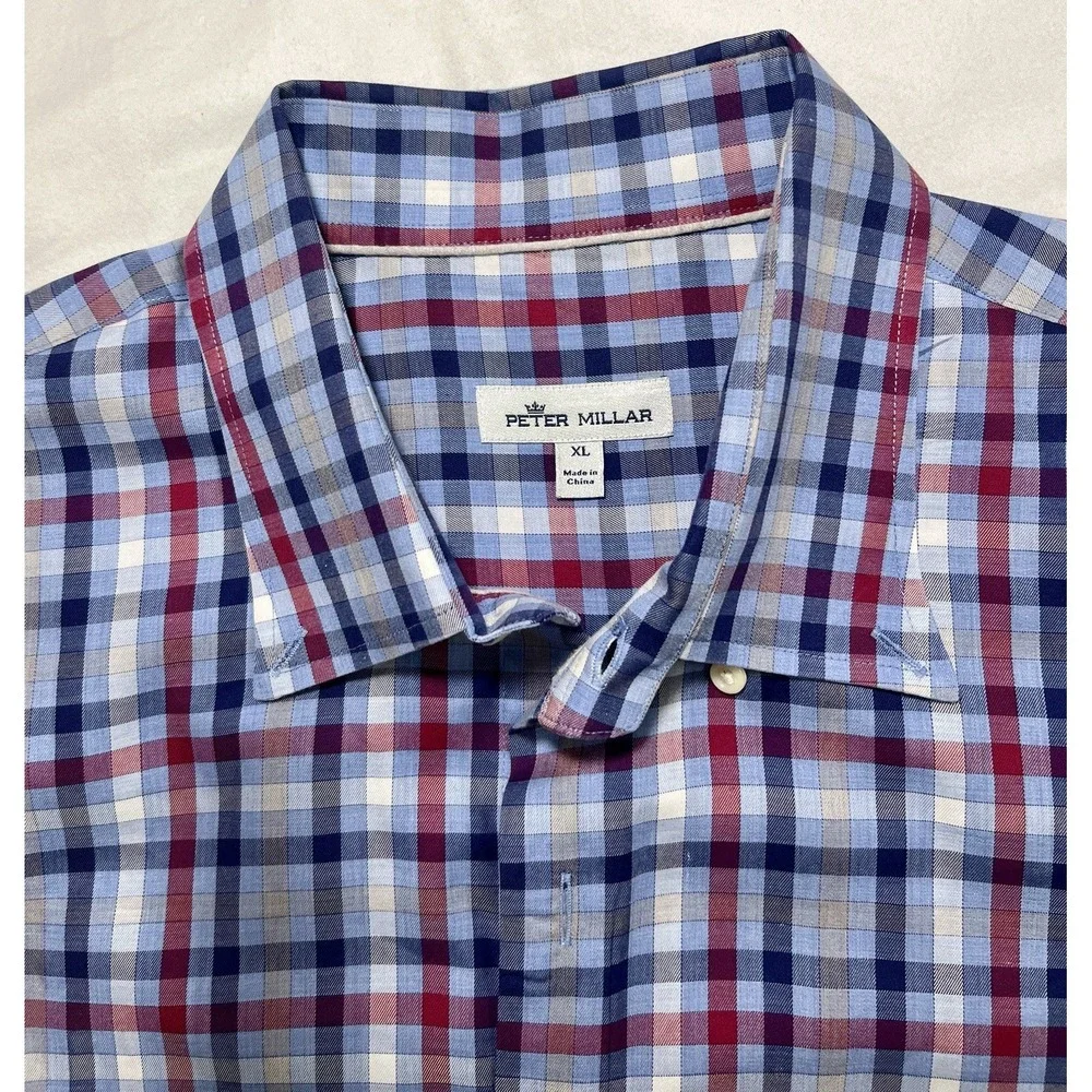 Peter Millar Classic Fit Blue Red Plaid Button Down Shirt Long Sleeve XL Cotton